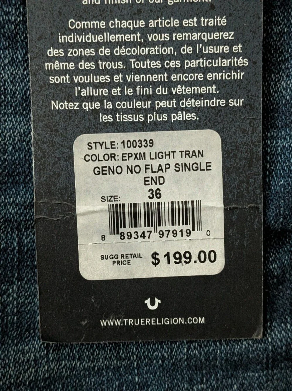 True Religion Jeans Men's 36 Geno Relaxed Slim No Flap Single End NWT